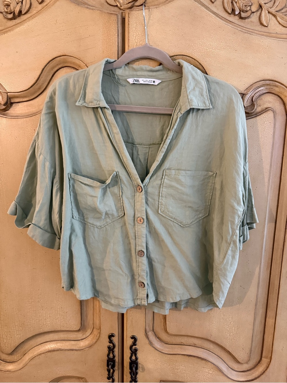 Zara Light Sage Green Short-Sleeve Button-Down Shirt